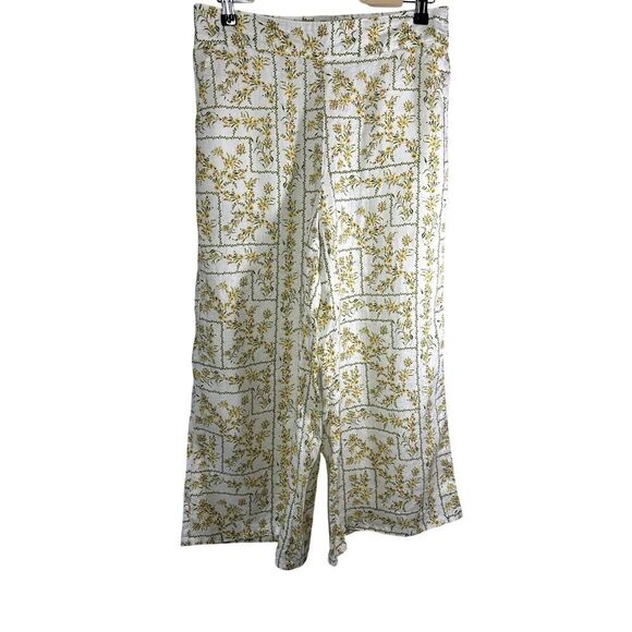JOIE Women's Floral Print Wide Leg Cropped Linen Pants White/Yellow Size Medium - Picture 1 of 9